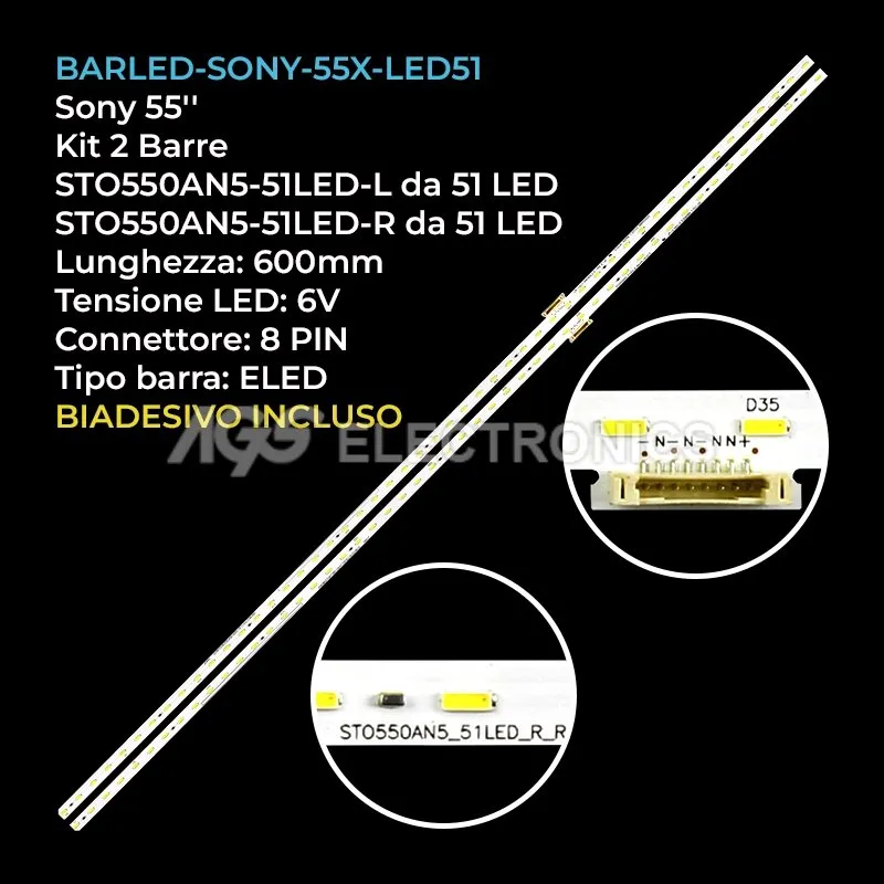 kit 2 barre LED retroilluminazione per Sony 55 pollici modello KD55X720E